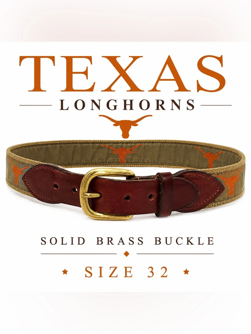 Texas Longhorn Needlepoint Belt Solid Brass Buckle Leather Trim Size 32